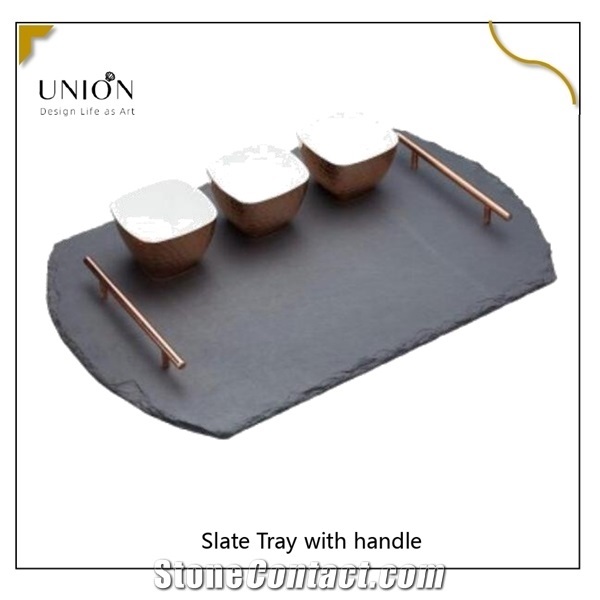 Hexagon Pattern Black Slate Trays with Gold Metal Handles