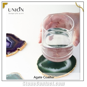 Luxury Round Slice River Green Agate Stone Gold Edge Plates