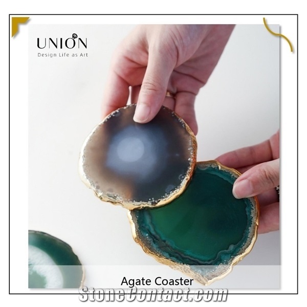 Luxury Round Slice River Green Agate Stone Gold Edge Plates