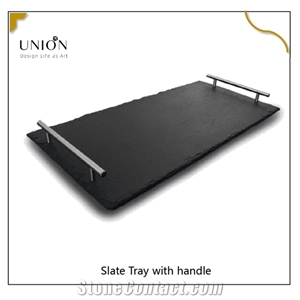 Rectangle Food Tray with Stainless Steel Handle Stone Plate