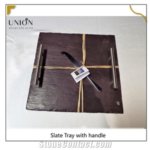 Rectangle Food Tray with Stainless Steel Handle Stone Plate