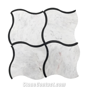 Carrara White Marble Square Black Edge Waterjet Mosaic Tile