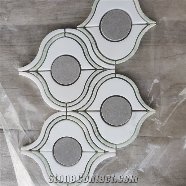Thassos White Marble Leaf W/Ming Green Edge Waterjet Mosaic