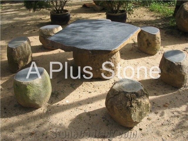 Black Basalt Table Set, Vietnam Black Basalt Outdoor Furniture
