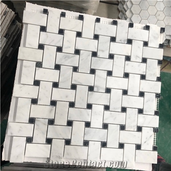 Carrara White Marble W/Nero Marquina Basketweave Mosaic Tile