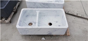 Carrara White Stone Double Basin Vanity Top with White Basin