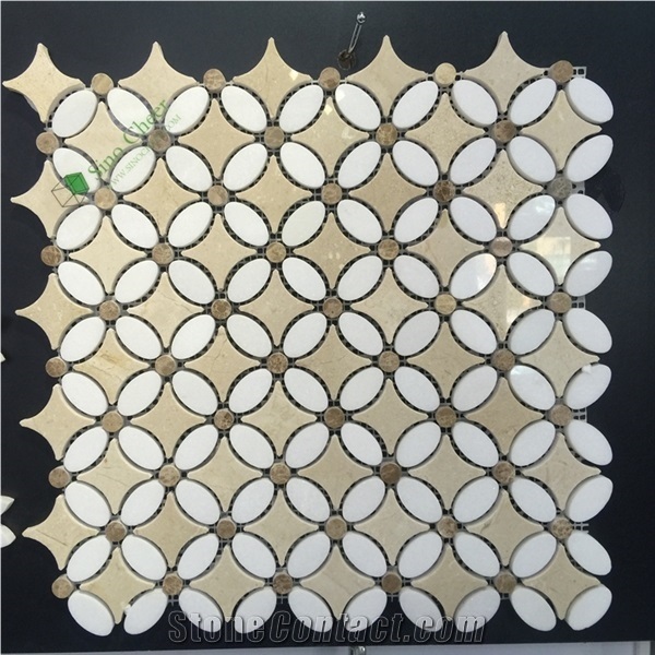 Crema Marfil Marble W/Thassos White Dots Star Mosaic Tile