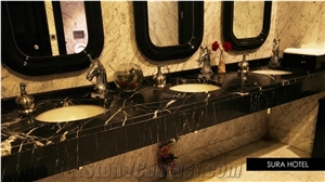 Black Marquina Marble-Bianca Carrara Marble Commercial Bathrooms
