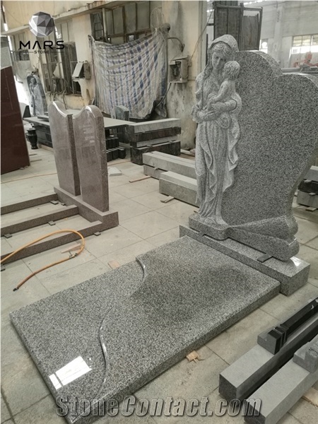 China Cheap Grey Granite G623 Headstone with Carved Flower