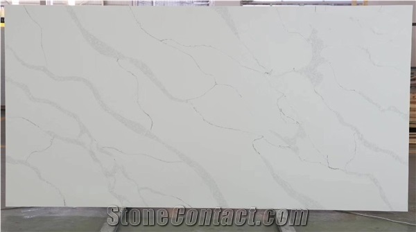 Glossy Polished White with Gray Vein Calacatta Quartz Stone