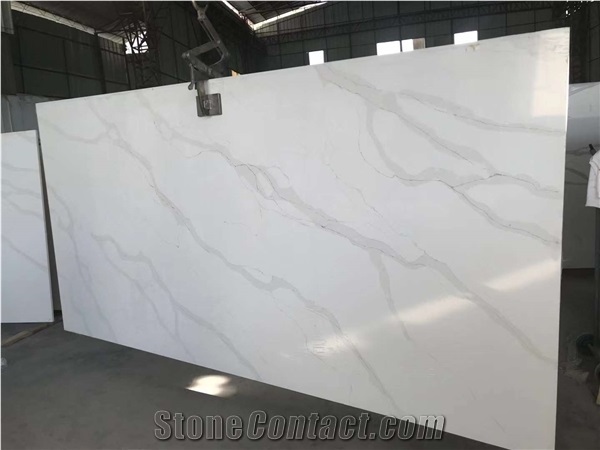 White Color Grey Veins Calacatta Quartz Surface Factory