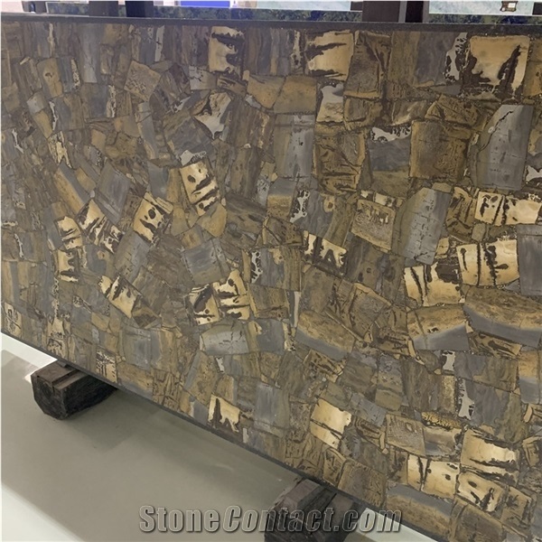 Brown Grass Fossil Stone Slab Semiprecious Tile For Wall