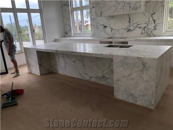 Statuario Calacutta Honed Marble Kitchen Countertop