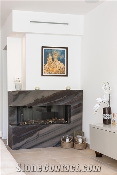 Elegant Brown Quartzite Modern Fireplace Design