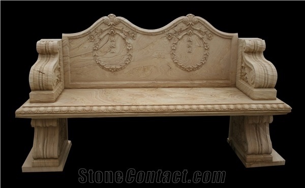 Carved Stone Outdoor Beige Marble Bench & Garden Tables