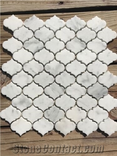 White Carrara Triangle Tumbled Marble Mosaic Art