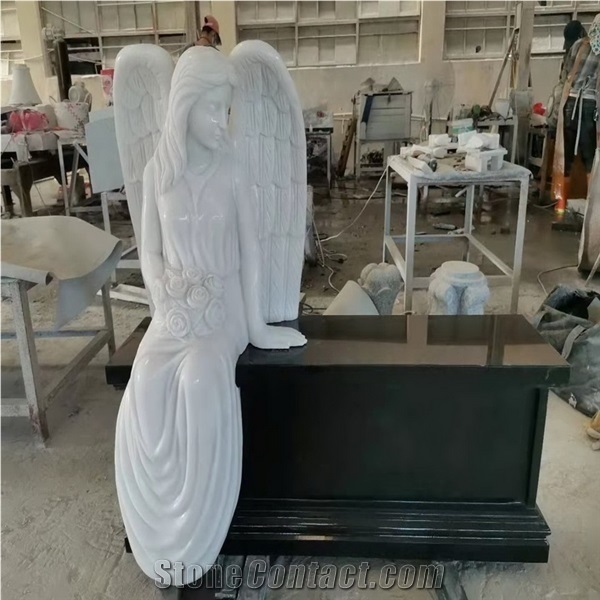 White Jade Marble Angel Black Granite Memorial Headstone
