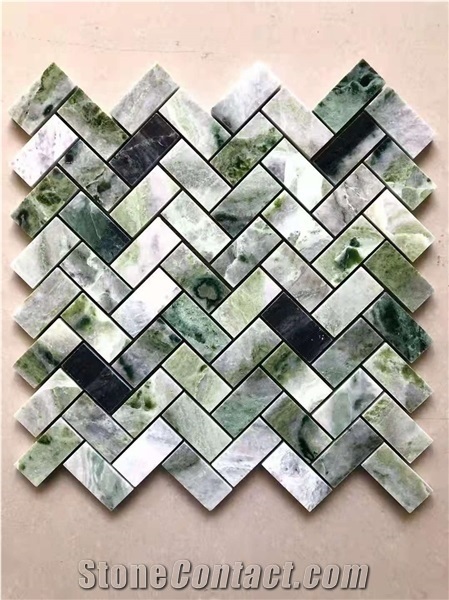China Emerald Green Marble Chevron Polished Mosaic Tile