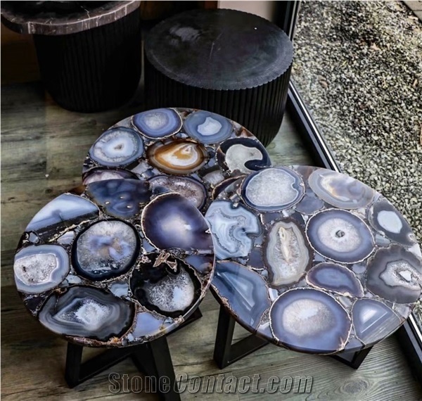 Backlit Luxury Gemstone Blue Agate Semiprecious Stone Tops