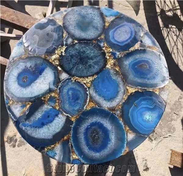 Backlit Luxury Gemstone Blue Agate Semiprecious Stone Tops