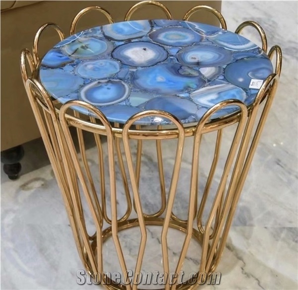 Backlit Luxury Gemstone Blue Agate Semiprecious Stone Tops