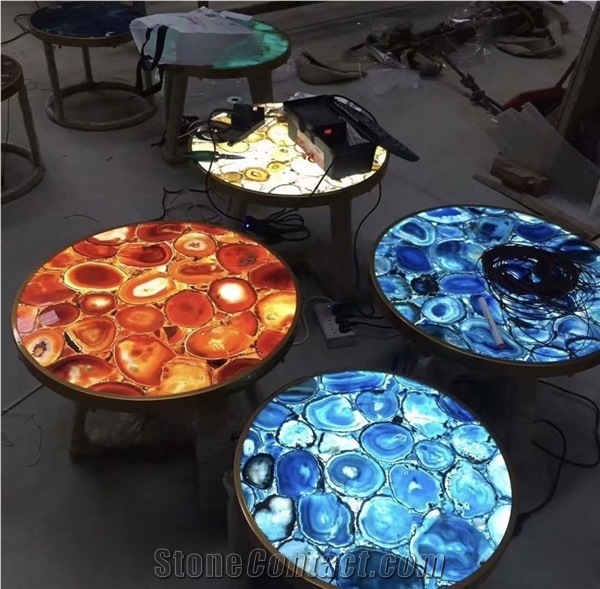 Backlit Luxury Gemstone Blue Agate Semiprecious Stone Tops