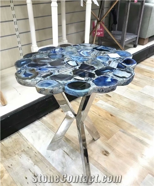 Backlit Luxury Gemstone Blue Agate Semiprecious Stone Tops