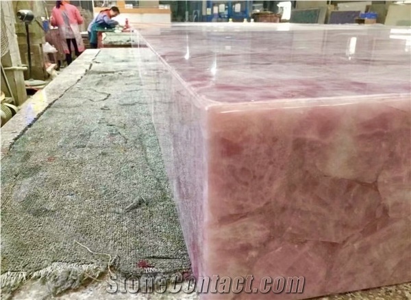 Backlit Pink Rosa Crystal Quartz Semiprecious Gemstone Slab