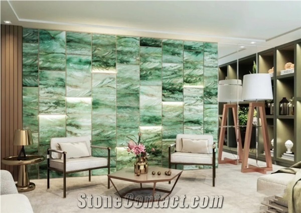High-End Golden Green Book Matched Slabs Polished Wall Panel