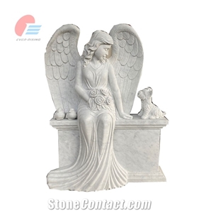 Carrara White Marble Angel Carving On Bench Monument