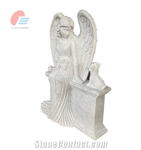 Carrara White Marble Angel Carving On Bench Monument