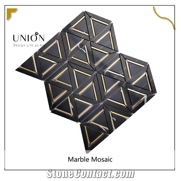 Black Marble Triangle Pattern with Golden Metal Mosaic Tiles