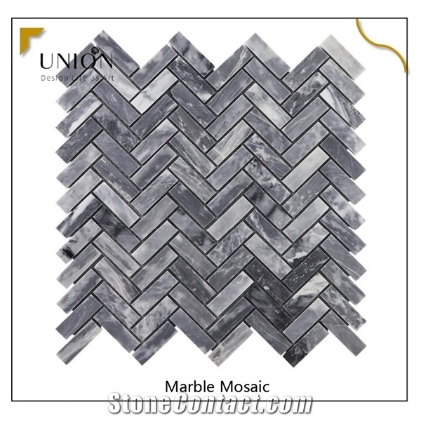 Black Wooden Marble Mosaic Herringbone Mosaic Grey Style