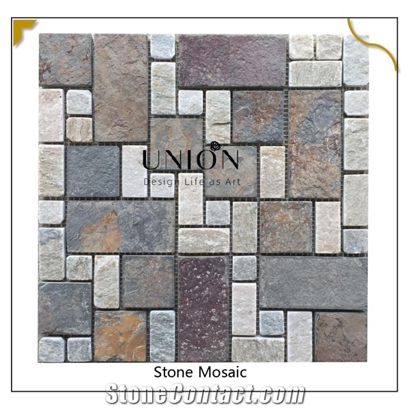 Natural Rusty Mixed Yellow Slate Stone Mosaic Homedeco Tiles
