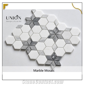 Six-Pointed Star White Marble Mosaic Mixed Black Wooden