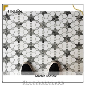 Six-Pointed Star White Marble Mosaic Mixed Black Wooden