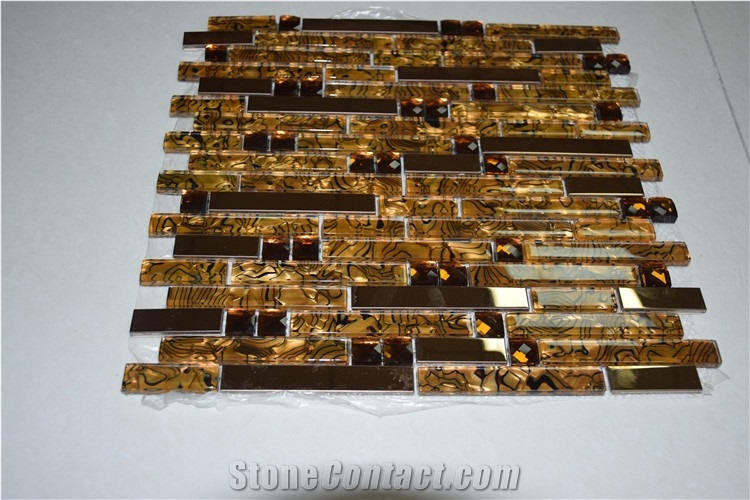 Brown Color Crystal Marble Random Strip Glass Mosaics