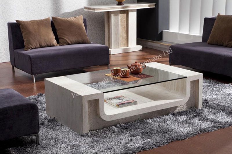 Luxury travertine rectangular coffee table with glass