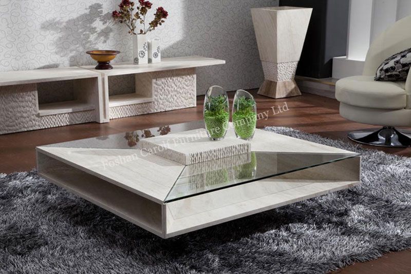 Modern Design Bent Glass travertine base center table