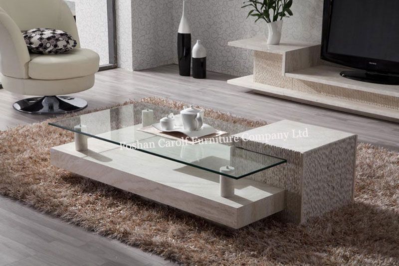 Luxury travertine rectangular coffee table with glass