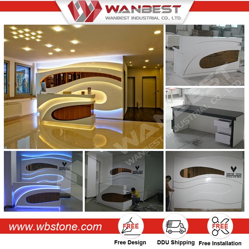 Custom Made Artificial Stone Office Hotel Beauty Salon Reception Counter  Desk with Back Wall from China 