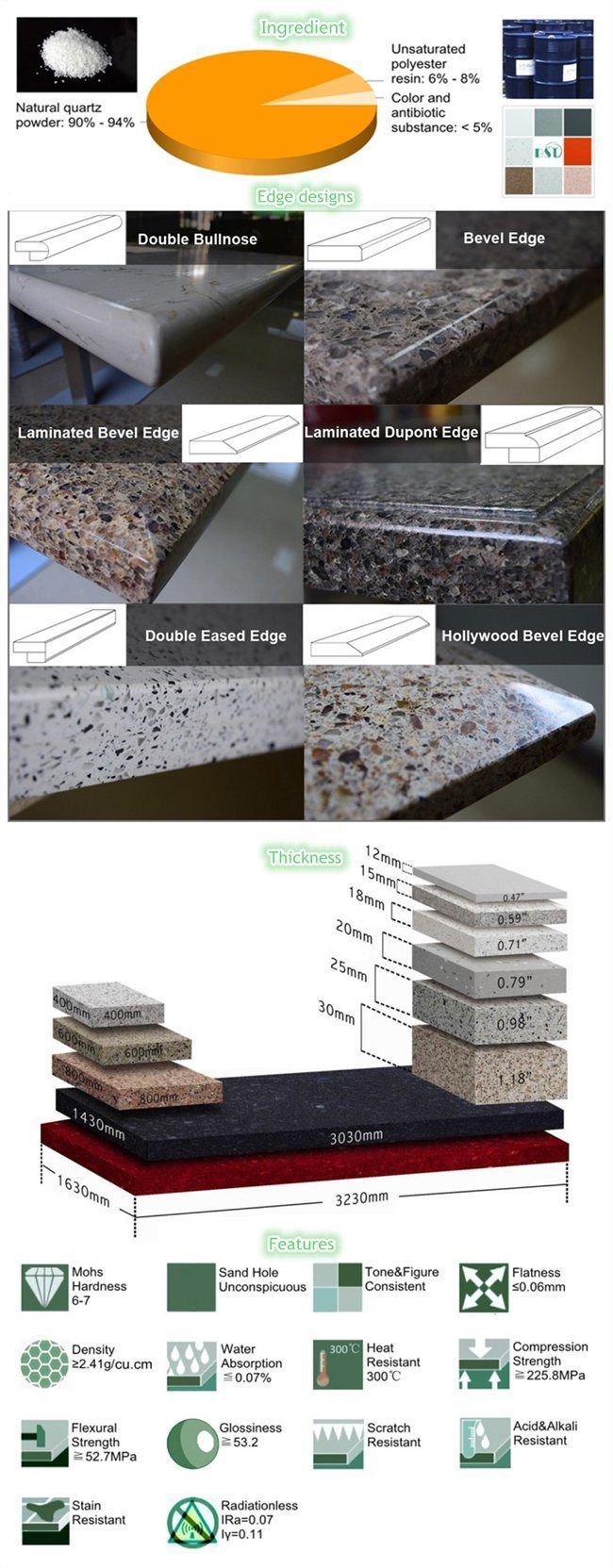 Yellow Artificial Quartz Stone Countertops for Indoor Kitchen