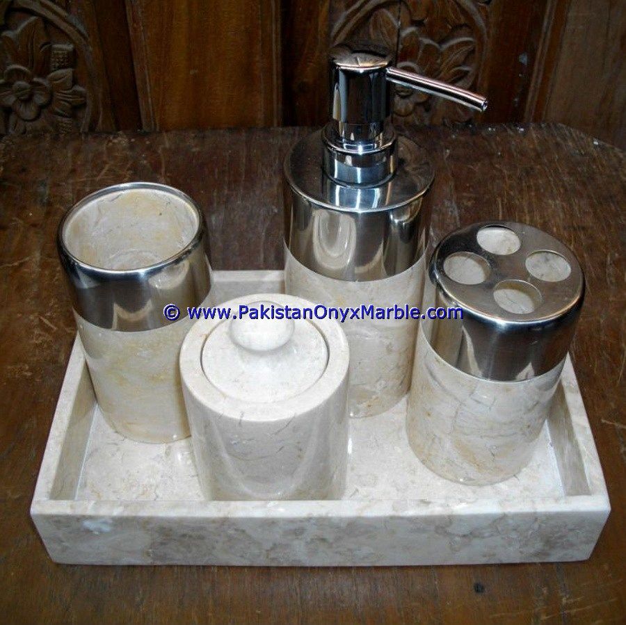 marble bathroom accessories set  cream beige tumbler, tooth brush, tissue box, holder, soap pump, dish, dustbin, tray-01