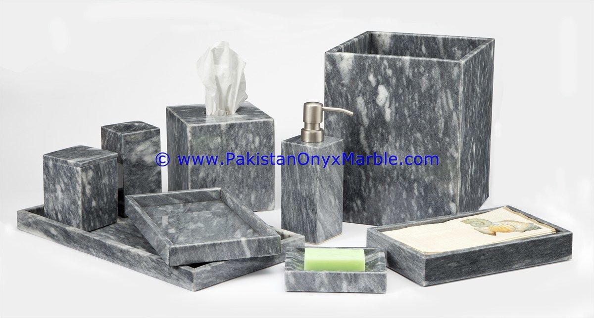 marble bathroom accessories set gray tumbler, tooth brush, tissue box, holder, soap pump, dish, dustbin, tray-02