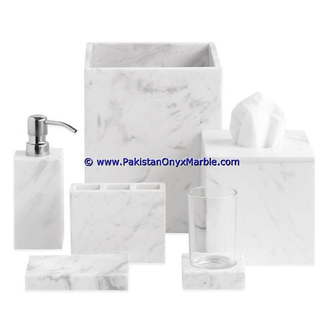 marble bathroom accessories set ziarat white Carrara White tumbler, tooth brush, tissue box, holder, soap pump, dish, dustbin, tray-03