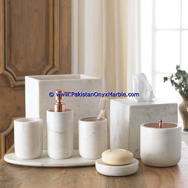 marble bathroom accessories set ziarat white Carrara White tumbler, tooth brush, tissue box, holder, soap pump, dish, dustbin, tray-04