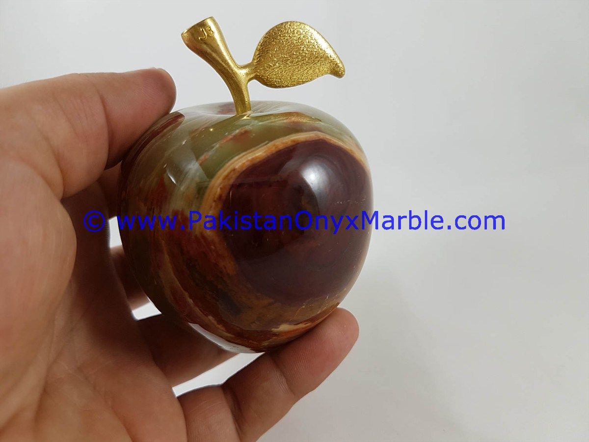 Multi Brown Onyx Apples with Brass Stem Leaf handcarved-14