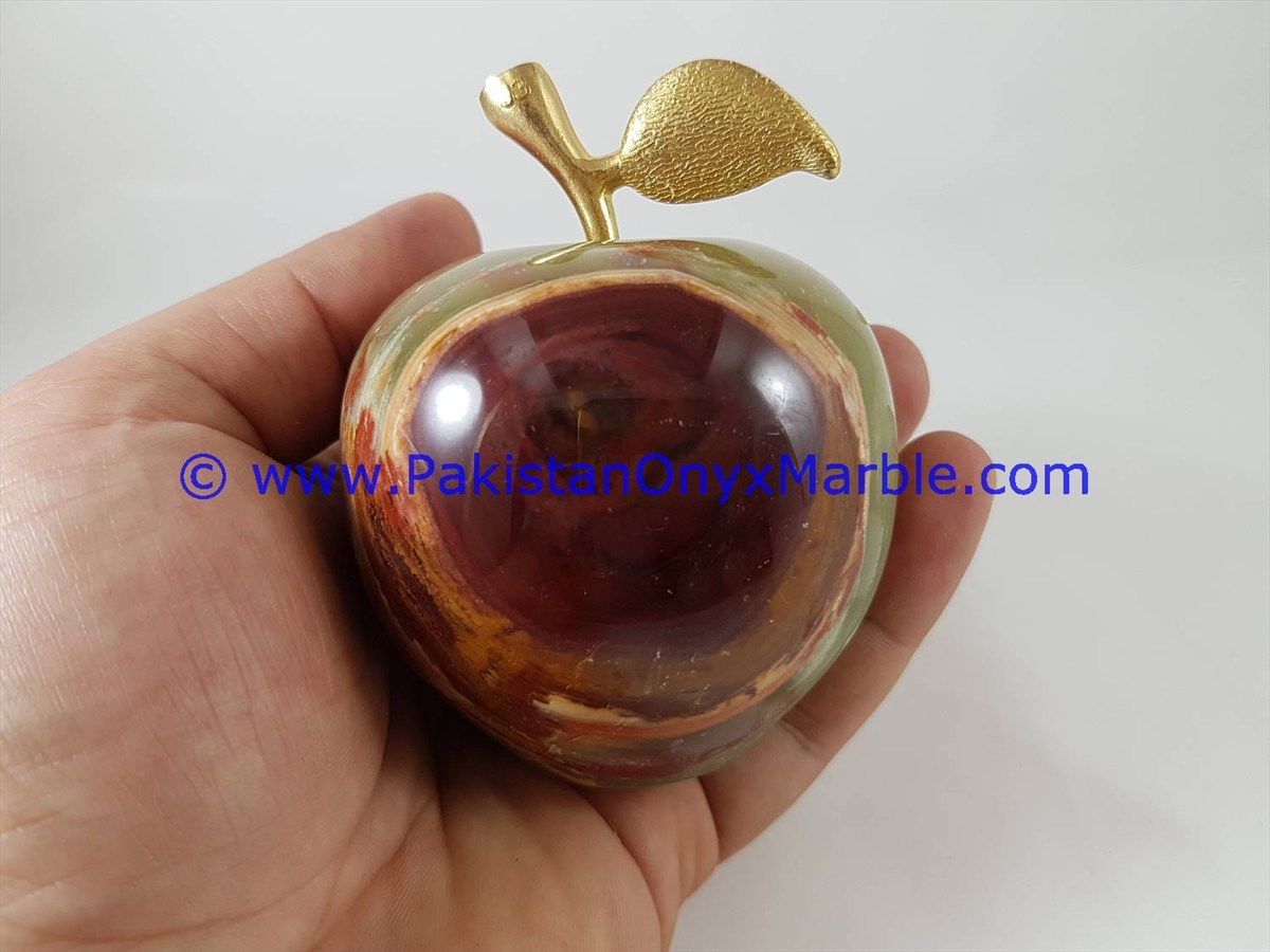 Multi Brown Onyx Apples with Brass Stem Leaf handcarved-17