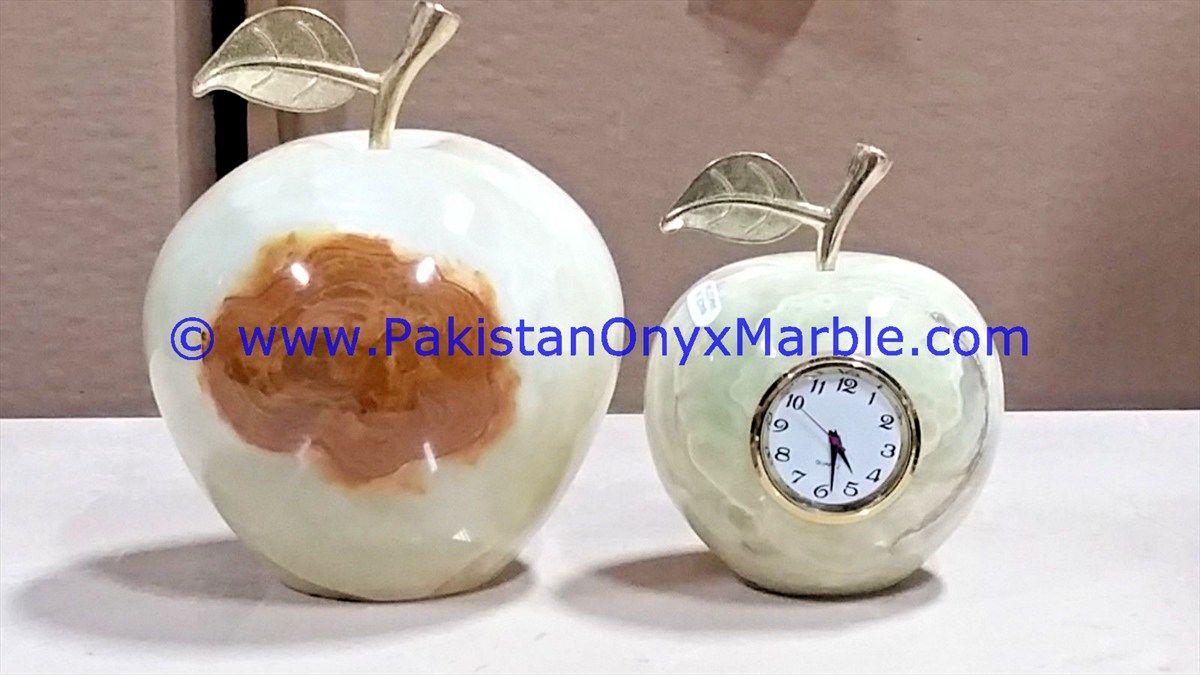 White Onyx Apples with Brass Stem Leaf handcarved-19