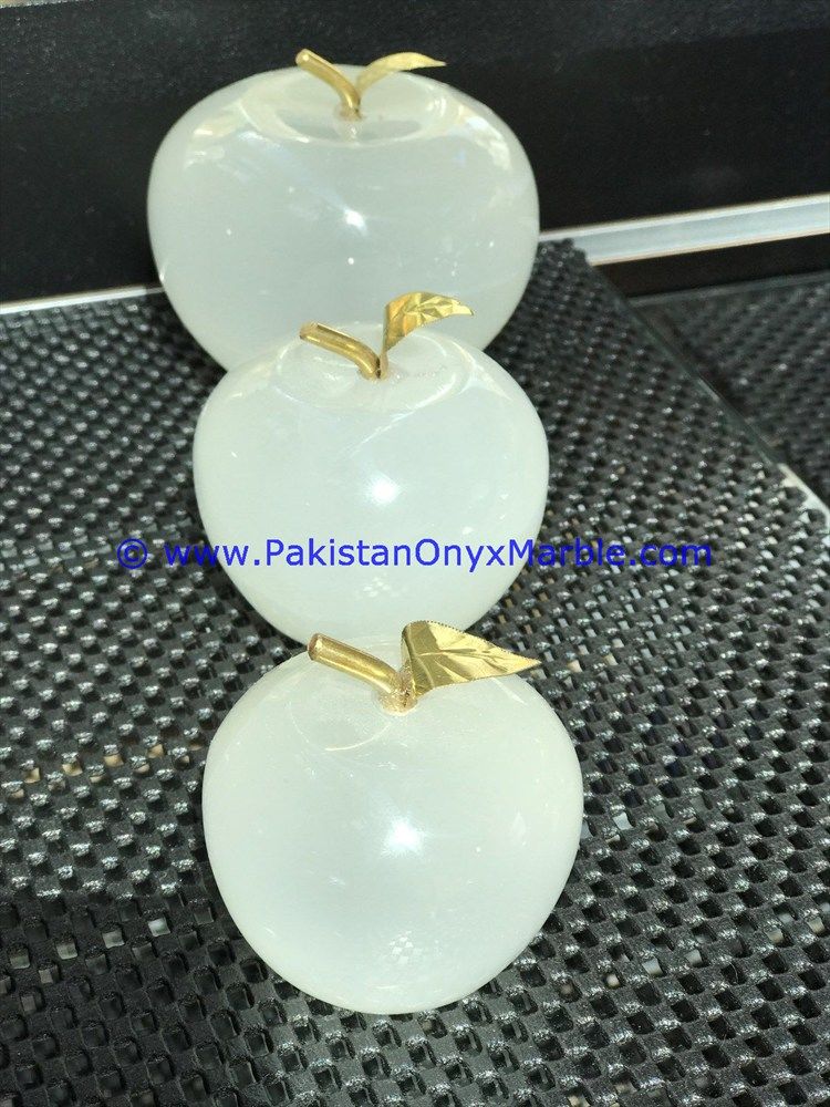 White Onyx Apples with Brass Stem Leaf handcarved-20